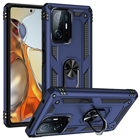 Funda Bumper Silicona y Plastico Mate Carcasa con Magnetico Anillo de dedo Soporte MQ3 para Xiaomi Mi 11T 5G Azul