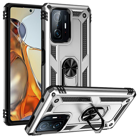 Funda Bumper Silicona y Plastico Mate Carcasa con Magnetico Anillo de dedo Soporte MQ3 para Xiaomi Mi 11T 5G Plata