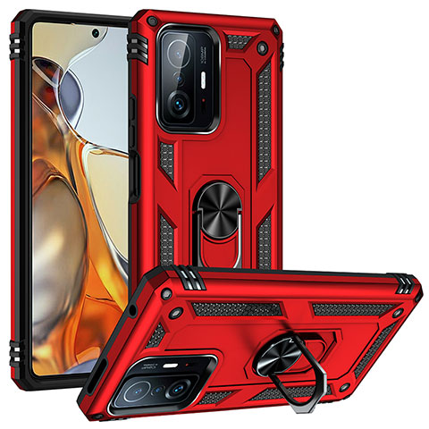 Funda Bumper Silicona y Plastico Mate Carcasa con Magnetico Anillo de dedo Soporte MQ3 para Xiaomi Mi 11T 5G Rojo