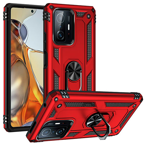 Funda Bumper Silicona y Plastico Mate Carcasa con Magnetico Anillo de dedo Soporte MQ3 para Xiaomi Mi 11T Pro 5G Rojo