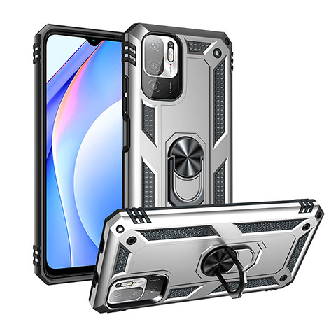 Funda Bumper Silicona y Plastico Mate Carcasa con Magnetico Anillo de dedo Soporte MQ3 para Xiaomi POCO M3 Pro 5G Plata