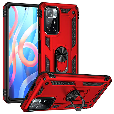 Funda Bumper Silicona y Plastico Mate Carcasa con Magnetico Anillo de dedo Soporte MQ3 para Xiaomi Poco M4 Pro 5G Rojo