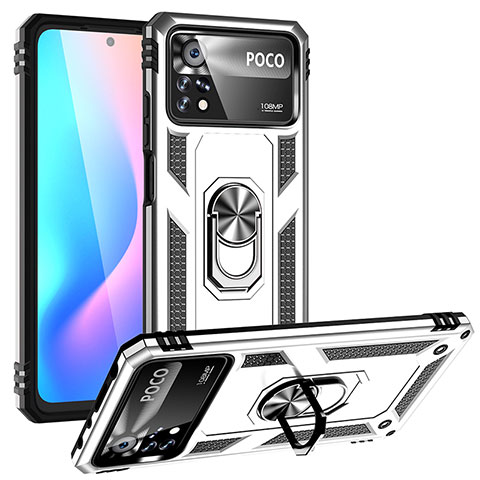 Funda Bumper Silicona y Plastico Mate Carcasa con Magnetico Anillo de dedo Soporte MQ3 para Xiaomi Poco X4 Pro 5G Plata