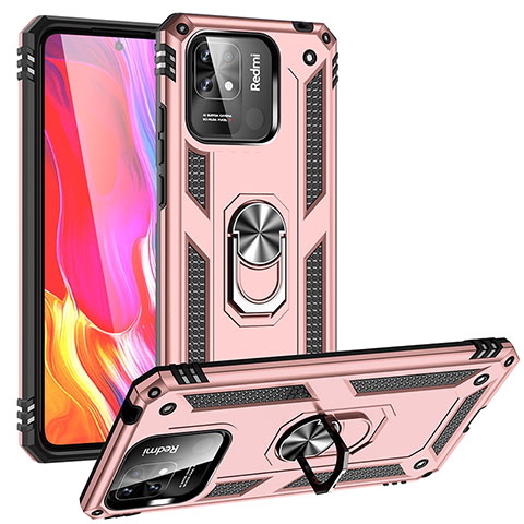 Funda Bumper Silicona y Plastico Mate Carcasa con Magnetico Anillo de dedo Soporte MQ3 para Xiaomi Redmi 10 India Oro Rosa