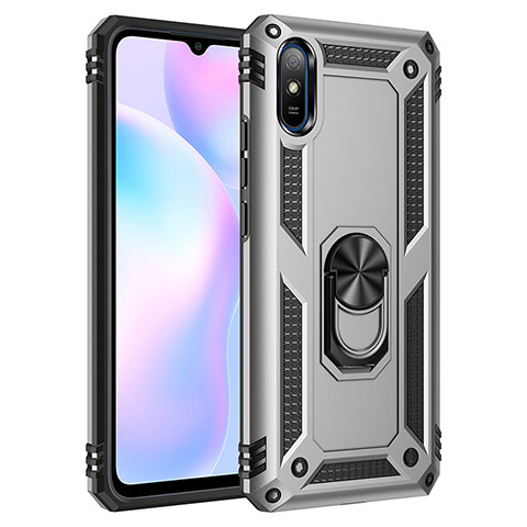 Funda Bumper Silicona y Plastico Mate Carcasa con Magnetico Anillo de dedo Soporte MQ3 para Xiaomi Redmi 9A Plata