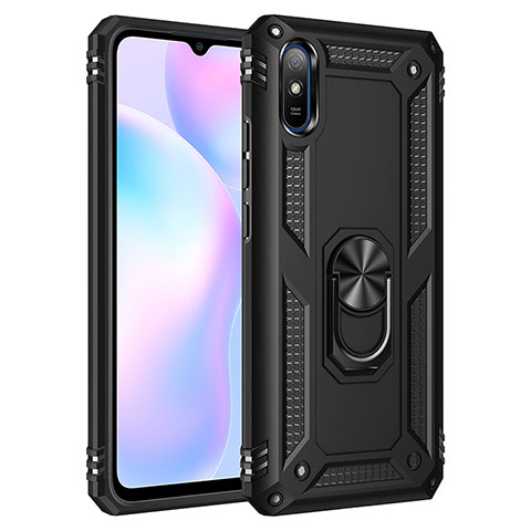 Funda Bumper Silicona y Plastico Mate Carcasa con Magnetico Anillo de dedo Soporte MQ3 para Xiaomi Redmi 9i Negro