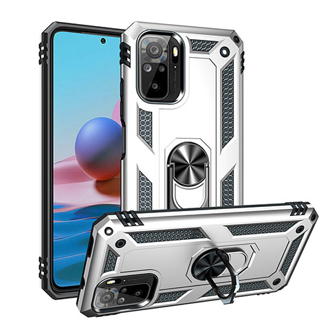 Funda Bumper Silicona y Plastico Mate Carcasa con Magnetico Anillo de dedo Soporte MQ3 para Xiaomi Redmi Note 10 4G Plata