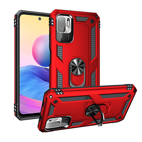 Funda Bumper Silicona y Plastico Mate Carcasa con Magnetico Anillo de dedo Soporte MQ3 para Xiaomi Redmi Note 10T 5G Rojo