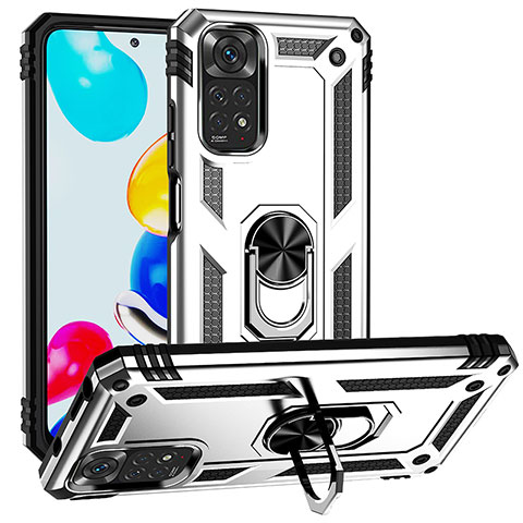 Funda Bumper Silicona y Plastico Mate Carcasa con Magnetico Anillo de dedo Soporte MQ3 para Xiaomi Redmi Note 11 4G (2022) Plata