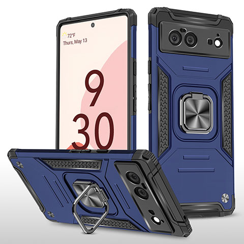 Funda Bumper Silicona y Plastico Mate Carcasa con Magnetico Anillo de dedo Soporte MQ4 para Google Pixel 6 5G Azul