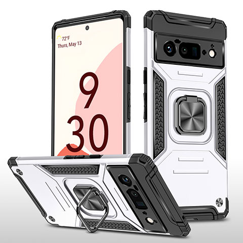 Funda Bumper Silicona y Plastico Mate Carcasa con Magnetico Anillo de dedo Soporte MQ4 para Google Pixel 6 Pro 5G Plata