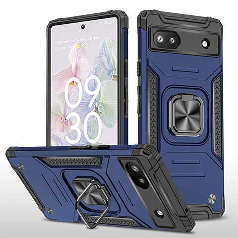 Funda Bumper Silicona y Plastico Mate Carcasa con Magnetico Anillo de dedo Soporte MQ4 para Google Pixel 6a 5G Azul