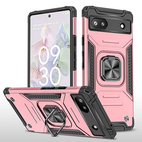 Funda Bumper Silicona y Plastico Mate Carcasa con Magnetico Anillo de dedo Soporte MQ4 para Google Pixel 6a 5G Oro Rosa