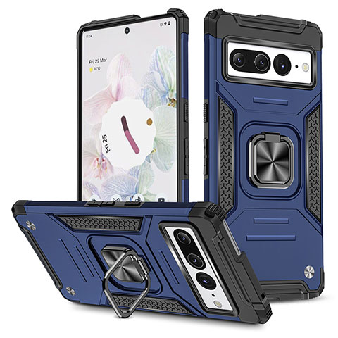 Funda Bumper Silicona y Plastico Mate Carcasa con Magnetico Anillo de dedo Soporte MQ4 para Google Pixel 7 Pro 5G Azul