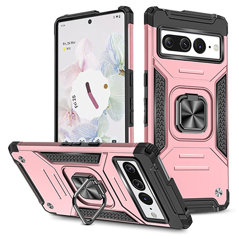 Funda Bumper Silicona y Plastico Mate Carcasa con Magnetico Anillo de dedo Soporte MQ4 para Google Pixel 7 Pro 5G Oro Rosa