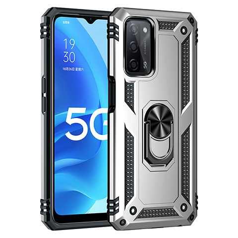 Funda Bumper Silicona y Plastico Mate Carcasa con Magnetico Anillo de dedo Soporte MQ4 para Oppo A55 5G Plata