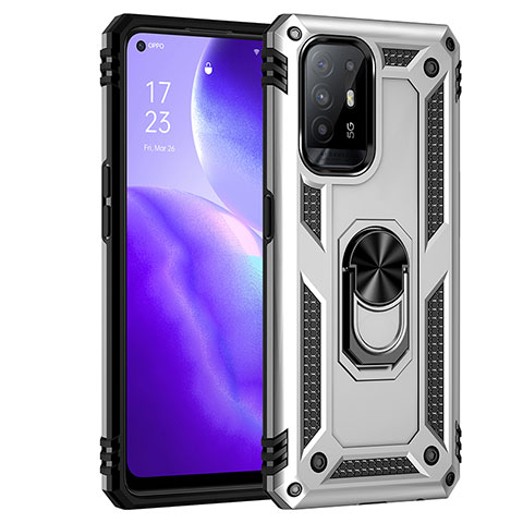 Funda Bumper Silicona y Plastico Mate Carcasa con Magnetico Anillo de dedo Soporte MQ4 para Oppo F19 Pro+ Plus 5G Plata