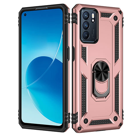 Funda Bumper Silicona y Plastico Mate Carcasa con Magnetico Anillo de dedo Soporte MQ4 para Oppo Reno6 5G Oro Rosa