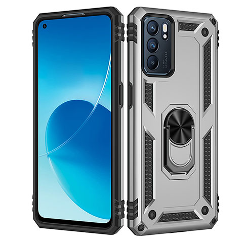 Funda Bumper Silicona y Plastico Mate Carcasa con Magnetico Anillo de dedo Soporte MQ4 para Oppo Reno6 5G Plata