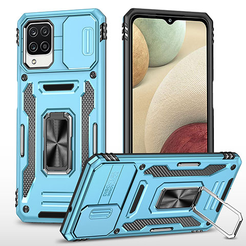 Funda Bumper Silicona y Plastico Mate Carcasa con Magnetico Anillo de dedo Soporte MQ4 para Samsung Galaxy A12 Azul Cielo