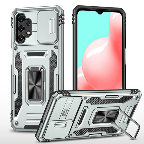 Funda Bumper Silicona y Plastico Mate Carcasa con Magnetico Anillo de dedo Soporte MQ4 para Samsung Galaxy A32 4G Plata