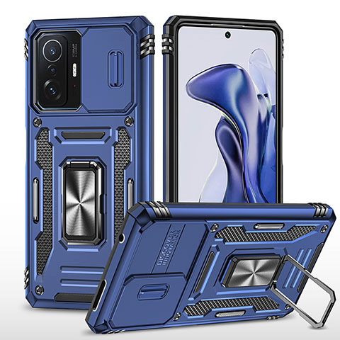 Funda Bumper Silicona y Plastico Mate Carcasa con Magnetico Anillo de dedo Soporte MQ4 para Xiaomi Mi 11T 5G Azul