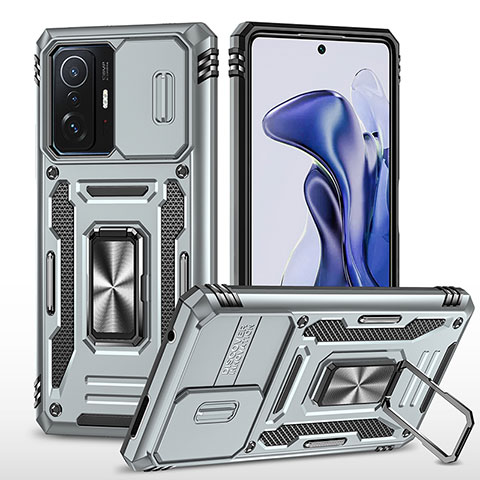 Funda Bumper Silicona y Plastico Mate Carcasa con Magnetico Anillo de dedo Soporte MQ4 para Xiaomi Mi 11T 5G Plata