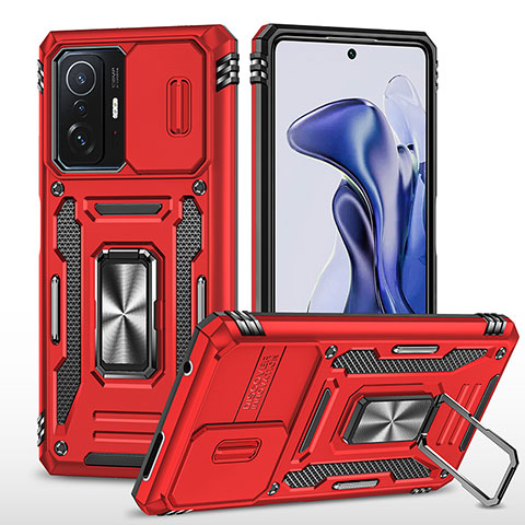 Funda Bumper Silicona y Plastico Mate Carcasa con Magnetico Anillo de dedo Soporte MQ4 para Xiaomi Mi 11T 5G Rojo