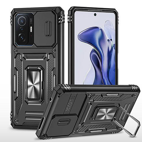 Funda Bumper Silicona y Plastico Mate Carcasa con Magnetico Anillo de dedo Soporte MQ4 para Xiaomi Mi 11T Pro 5G Negro