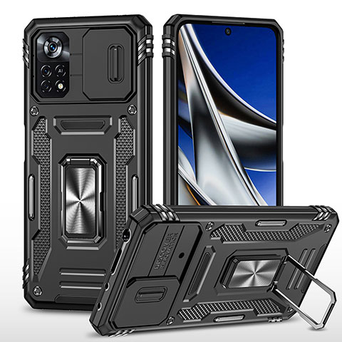 Funda Bumper Silicona y Plastico Mate Carcasa con Magnetico Anillo de dedo Soporte MQ4 para Xiaomi Poco X4 Pro 5G Negro