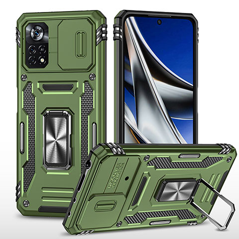 Funda Bumper Silicona y Plastico Mate Carcasa con Magnetico Anillo de dedo Soporte MQ4 para Xiaomi Poco X4 Pro 5G Verde