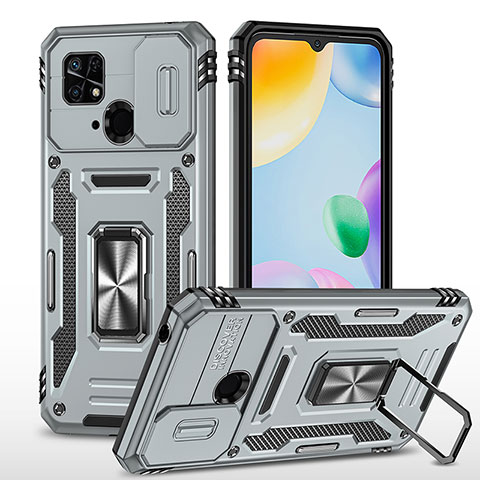 Funda Bumper Silicona y Plastico Mate Carcasa con Magnetico Anillo de dedo Soporte MQ4 para Xiaomi Redmi 10C 4G Plata