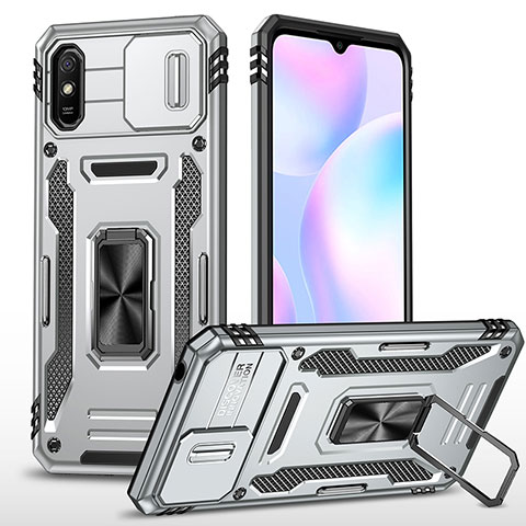 Funda Bumper Silicona y Plastico Mate Carcasa con Magnetico Anillo de dedo Soporte MQ4 para Xiaomi Redmi 9A Plata