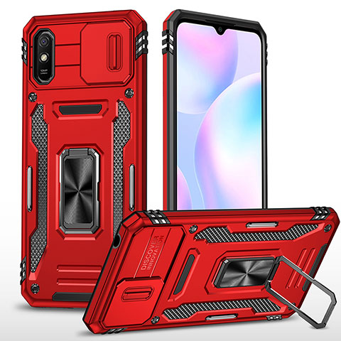 Funda Bumper Silicona y Plastico Mate Carcasa con Magnetico Anillo de dedo Soporte MQ4 para Xiaomi Redmi 9A Rojo