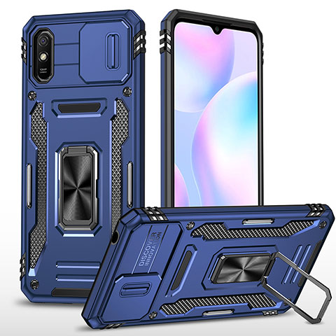 Funda Bumper Silicona y Plastico Mate Carcasa con Magnetico Anillo de dedo Soporte MQ4 para Xiaomi Redmi 9AT Azul