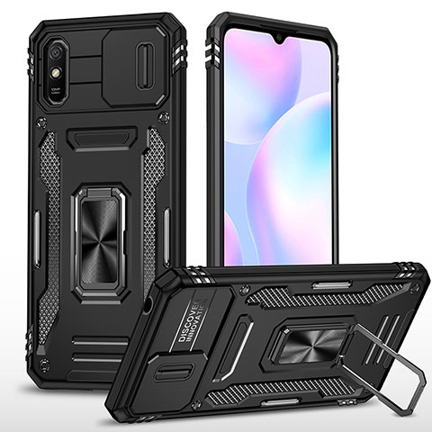 Funda Bumper Silicona y Plastico Mate Carcasa con Magnetico Anillo de dedo Soporte MQ4 para Xiaomi Redmi 9i Negro