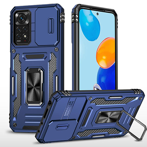 Funda Bumper Silicona y Plastico Mate Carcasa con Magnetico Anillo de dedo Soporte MQ4 para Xiaomi Redmi Note 11 Pro 4G Azul