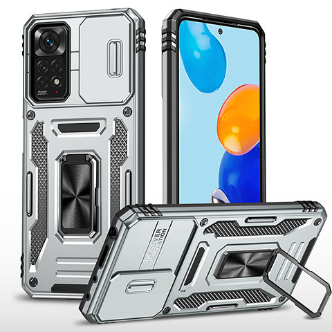 Funda Bumper Silicona y Plastico Mate Carcasa con Magnetico Anillo de dedo Soporte MQ4 para Xiaomi Redmi Note 11 Pro 4G Plata