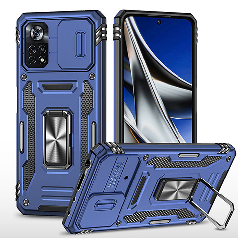 Funda Bumper Silicona y Plastico Mate Carcasa con Magnetico Anillo de dedo Soporte MQ4 para Xiaomi Redmi Note 11E Pro 5G Azul