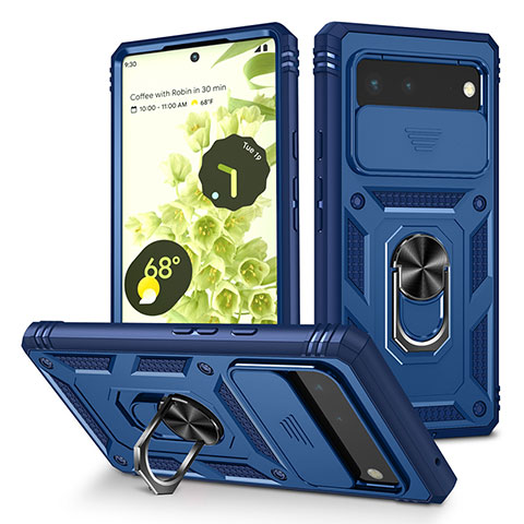 Funda Bumper Silicona y Plastico Mate Carcasa con Magnetico Anillo de dedo Soporte MQ5 para Google Pixel 6 5G Azul