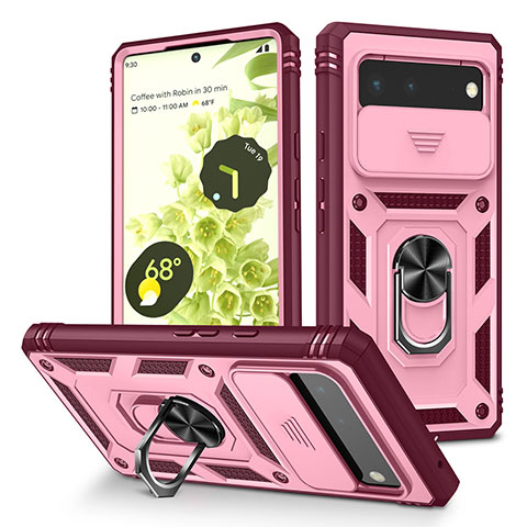 Funda Bumper Silicona y Plastico Mate Carcasa con Magnetico Anillo de dedo Soporte MQ5 para Google Pixel 6 5G Rosa Roja