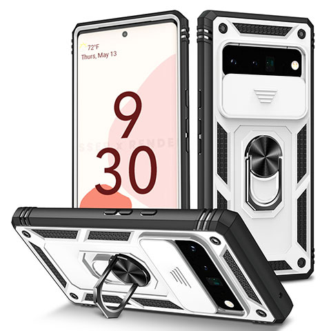 Funda Bumper Silicona y Plastico Mate Carcasa con Magnetico Anillo de dedo Soporte MQ5 para Google Pixel 6 Pro 5G Blanco