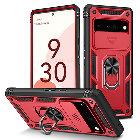 Funda Bumper Silicona y Plastico Mate Carcasa con Magnetico Anillo de dedo Soporte MQ5 para Google Pixel 6 Pro 5G Rojo