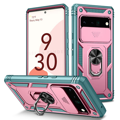 Funda Bumper Silicona y Plastico Mate Carcasa con Magnetico Anillo de dedo Soporte MQ5 para Google Pixel 6 Pro 5G Rosa