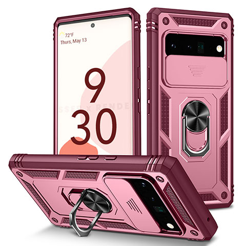 Funda Bumper Silicona y Plastico Mate Carcasa con Magnetico Anillo de dedo Soporte MQ5 para Google Pixel 6 Pro 5G Rosa Roja