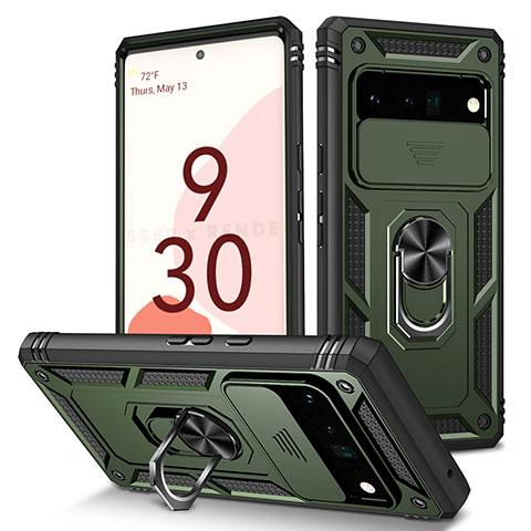 Funda Bumper Silicona y Plastico Mate Carcasa con Magnetico Anillo de dedo Soporte MQ5 para Google Pixel 6 Pro 5G Verde