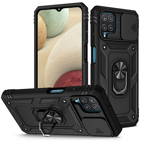 Funda Bumper Silicona y Plastico Mate Carcasa con Magnetico Anillo de dedo Soporte MQ5 para Samsung Galaxy A12 Negro