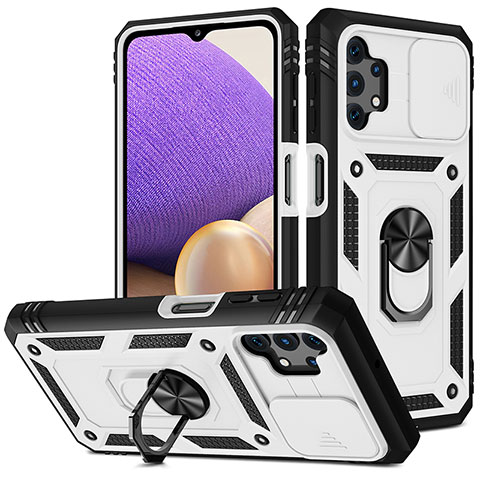 Funda Bumper Silicona y Plastico Mate Carcasa con Magnetico Anillo de dedo Soporte MQ5 para Samsung Galaxy A32 4G Plata