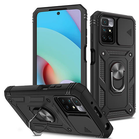 Funda Bumper Silicona y Plastico Mate Carcasa con Magnetico Anillo de dedo Soporte MQ5 para Xiaomi Redmi 10 (2022) Negro