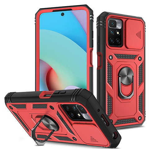 Funda Bumper Silicona y Plastico Mate Carcasa con Magnetico Anillo de dedo Soporte MQ5 para Xiaomi Redmi 10 (2022) Rojo